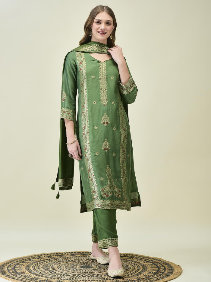 Women Dola Jacquard Olive Woven Kurta Comfort Pant Dupatta.