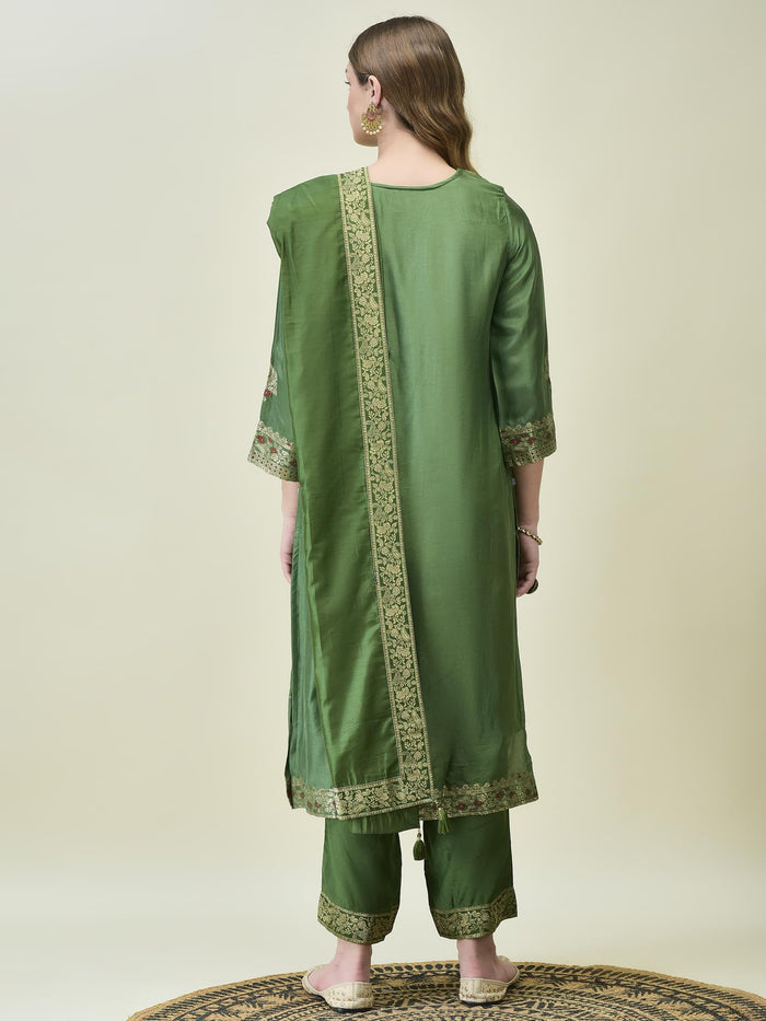 Women Dola Jacquard Olive Woven Kurta Comfort Pant Dupatta.