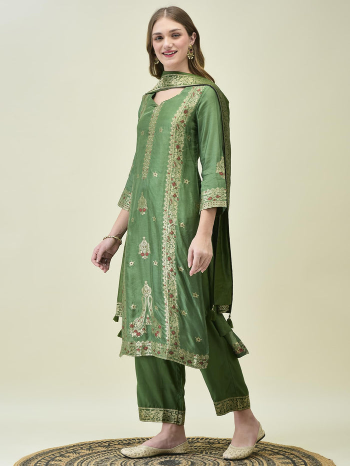 Women Dola Jacquard Olive Woven Kurta Comfort Pant Dupatta.