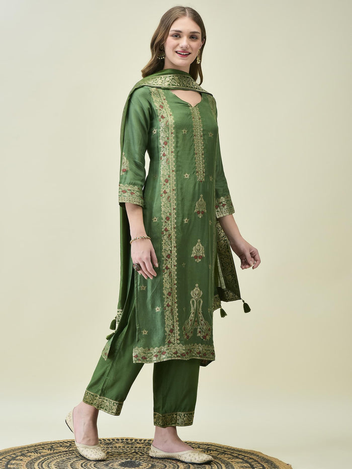 Women Dola Jacquard Olive Woven Kurta Comfort Pant Dupatta.