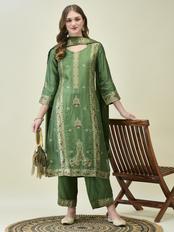 Women Dola Jacquard Olive Woven Kurta Comfort Pant Dupatta.