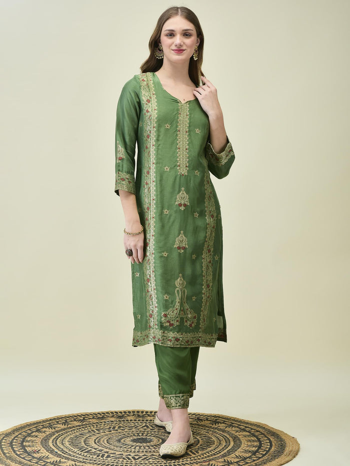 Women Dola Jacquard Olive Woven Kurta Comfort Pant Dupatta.