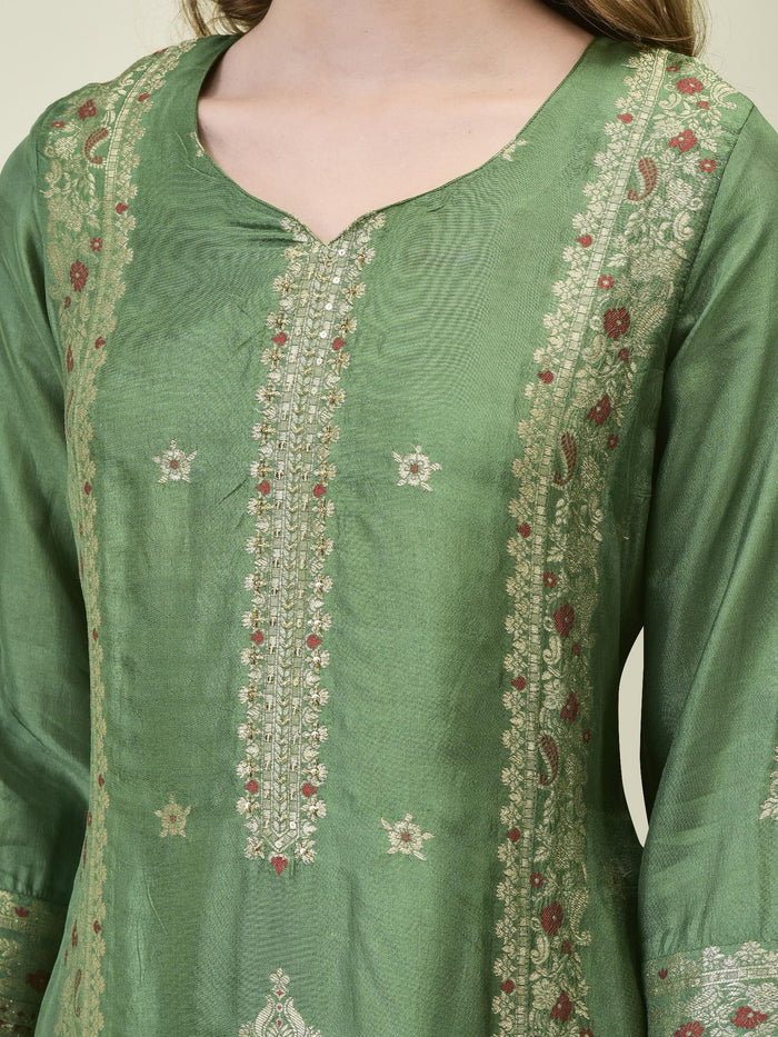 Women Dola Jacquard Olive Woven Kurta Comfort Pant Dupatta.