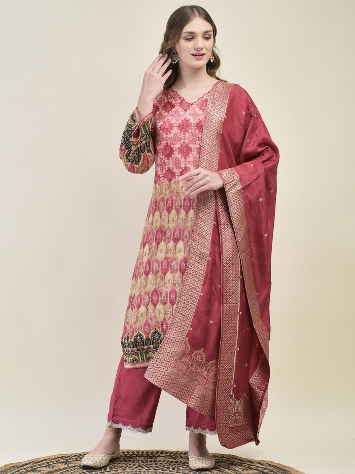 Women Dola Jacquard Pink Kurta Comfort Pant Dupatta.