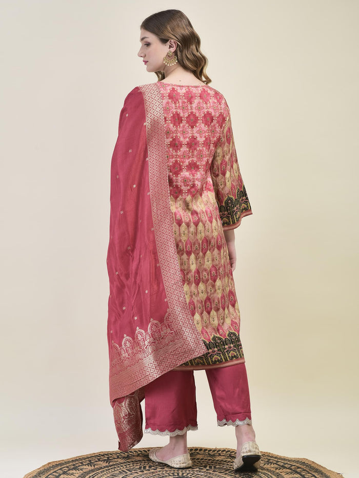 Women Dola Jacquard Pink Kurta Comfort Pant Dupatta.