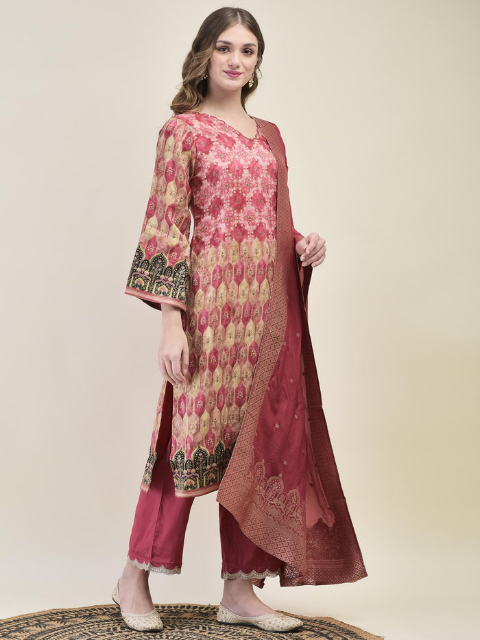 Women Dola Jacquard Pink Kurta Comfort Pant Dupatta.