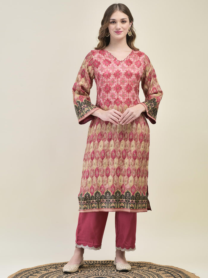 Women Dola Jacquard Pink Kurta Comfort Pant Dupatta.