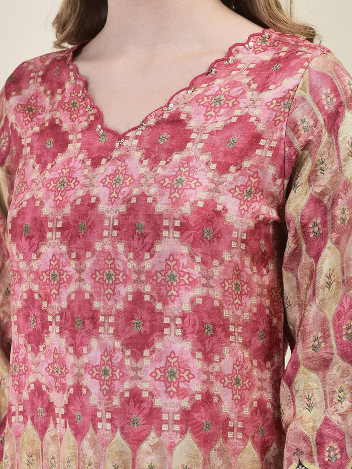 Women Dola Jacquard Pink Kurta Comfort Pant Dupatta.