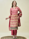 Women Dola Jacquard Pink Woven Kurta Comfort Pant Dupatta.