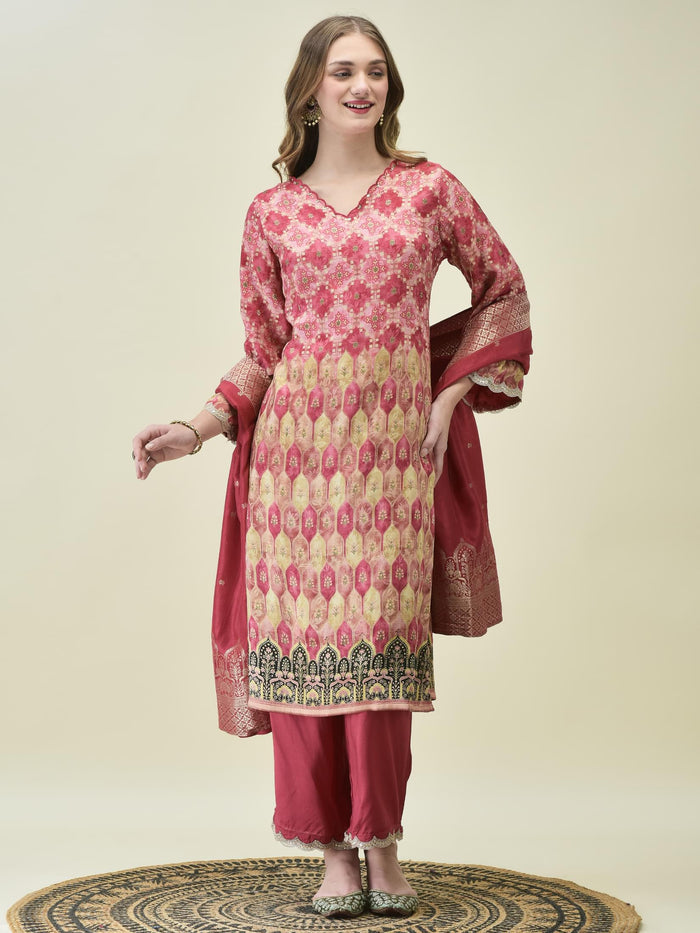 Women Dola Jacquard Pink Woven Kurta Comfort Pant Dupatta.