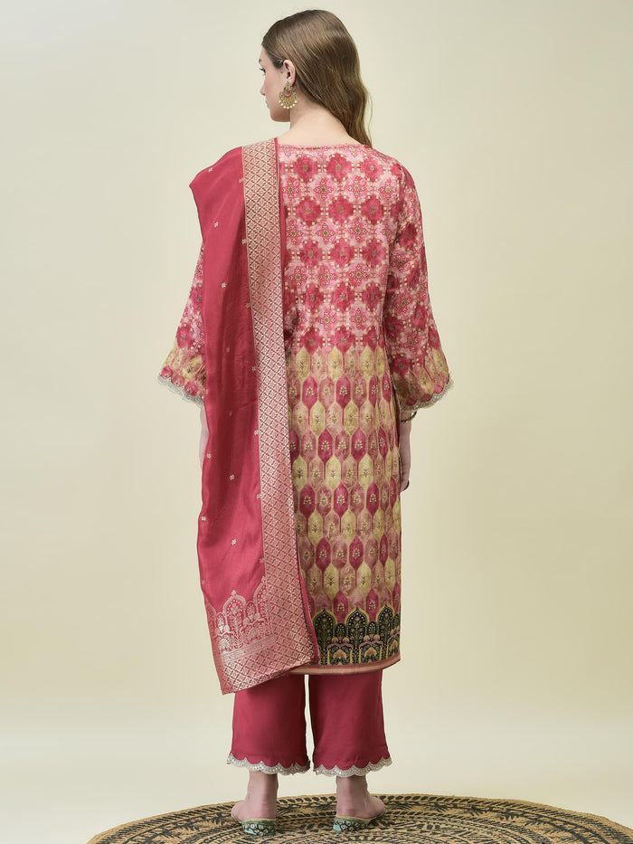 Women Dola Jacquard Pink Woven Kurta Comfort Pant Dupatta.