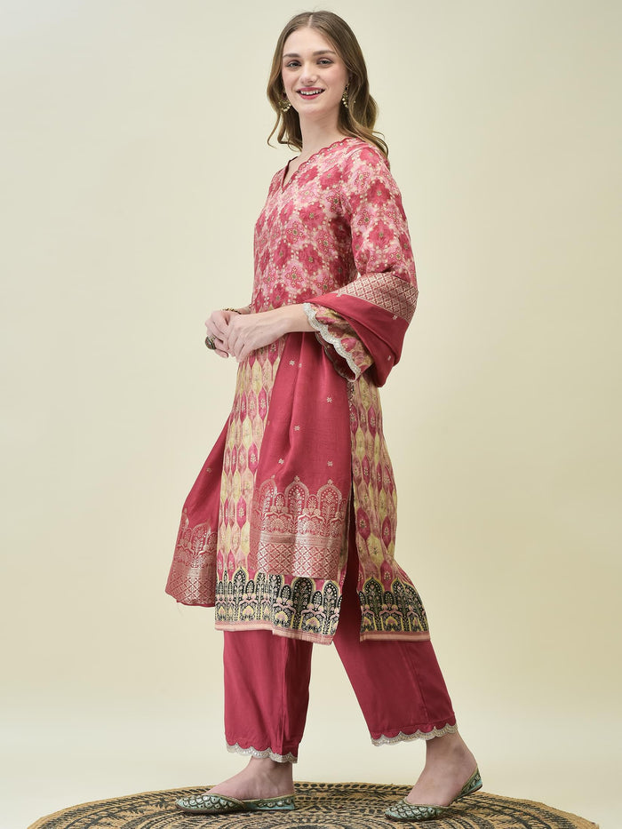 Women Dola Jacquard Pink Woven Kurta Comfort Pant Dupatta.