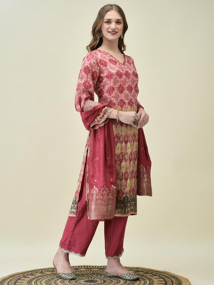 Women Dola Jacquard Pink Woven Kurta Comfort Pant Dupatta.