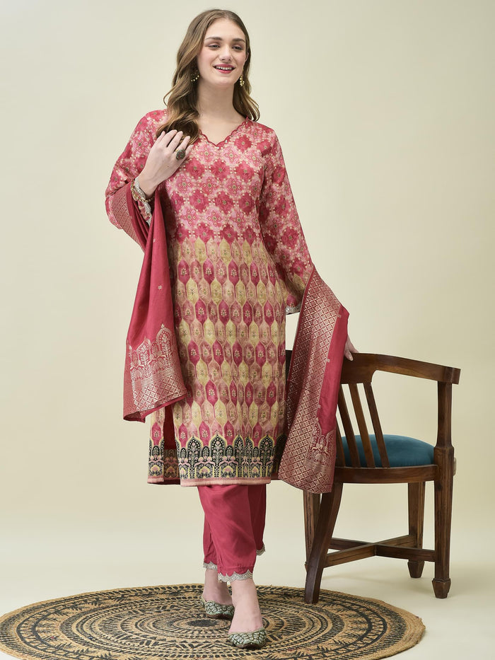 Women Dola Jacquard Pink Woven Kurta Comfort Pant Dupatta.