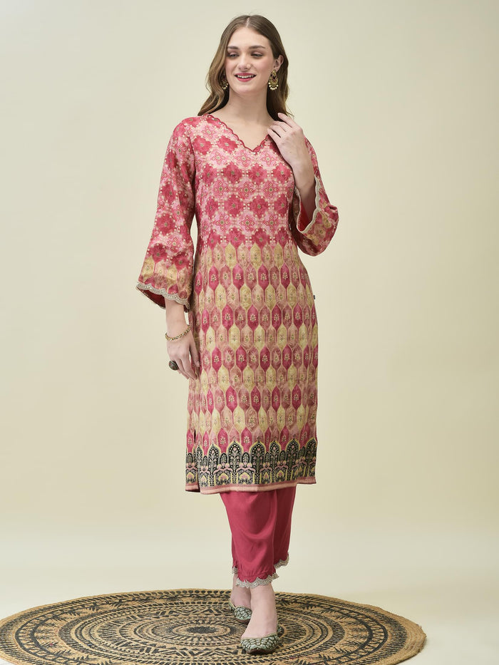 Women Dola Jacquard Pink Woven Kurta Comfort Pant Dupatta.