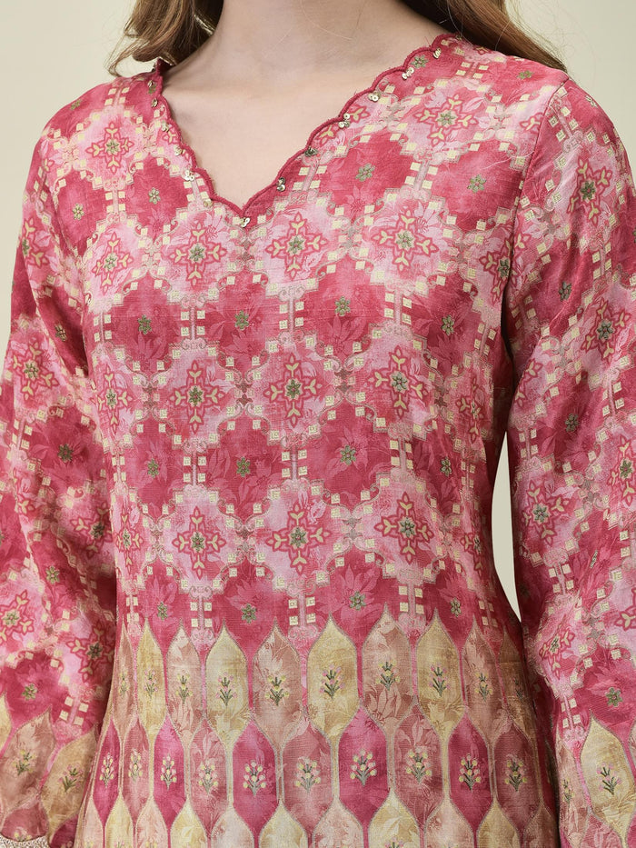 Women Dola Jacquard Pink Woven Kurta Comfort Pant Dupatta.