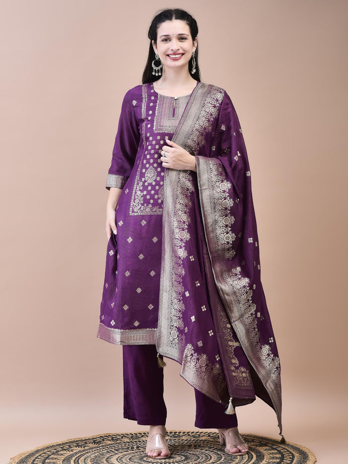 Women Dola Jacquard Purple Woven Kurta Comfort Pant Dupatta.