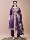 Women Dola Jacquard Purple Woven Kurta Comfort Pant Dupatta.