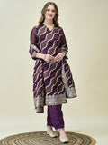 Women Dola Jacquard Purple Woven Kurta Comfort Pant Dupatta.