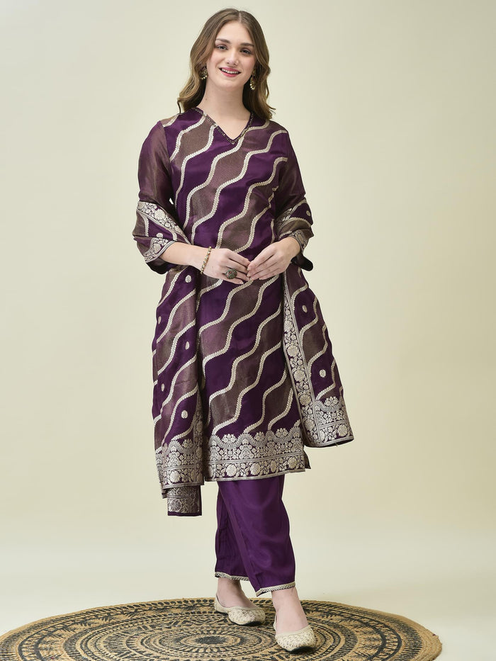 Women Dola Jacquard Purple Woven Kurta Comfort Pant Dupatta.