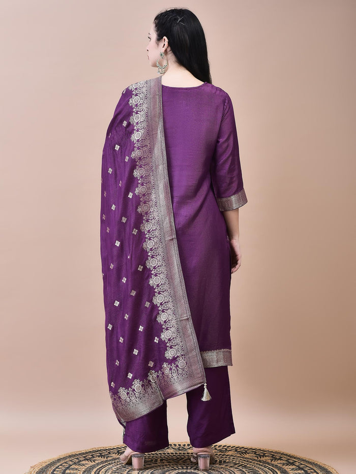 Women Dola Jacquard Purple Woven Kurta Comfort Pant Dupatta.