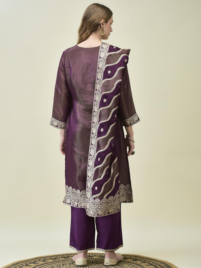 Women Dola Jacquard Purple Woven Kurta Comfort Pant Dupatta.