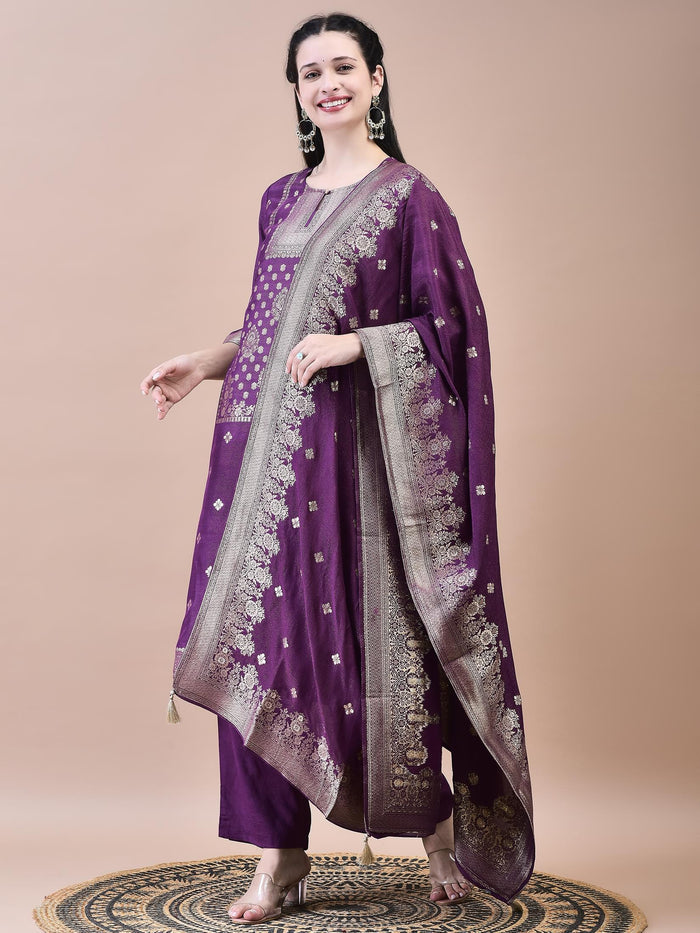 Women Dola Jacquard Purple Woven Kurta Comfort Pant Dupatta.