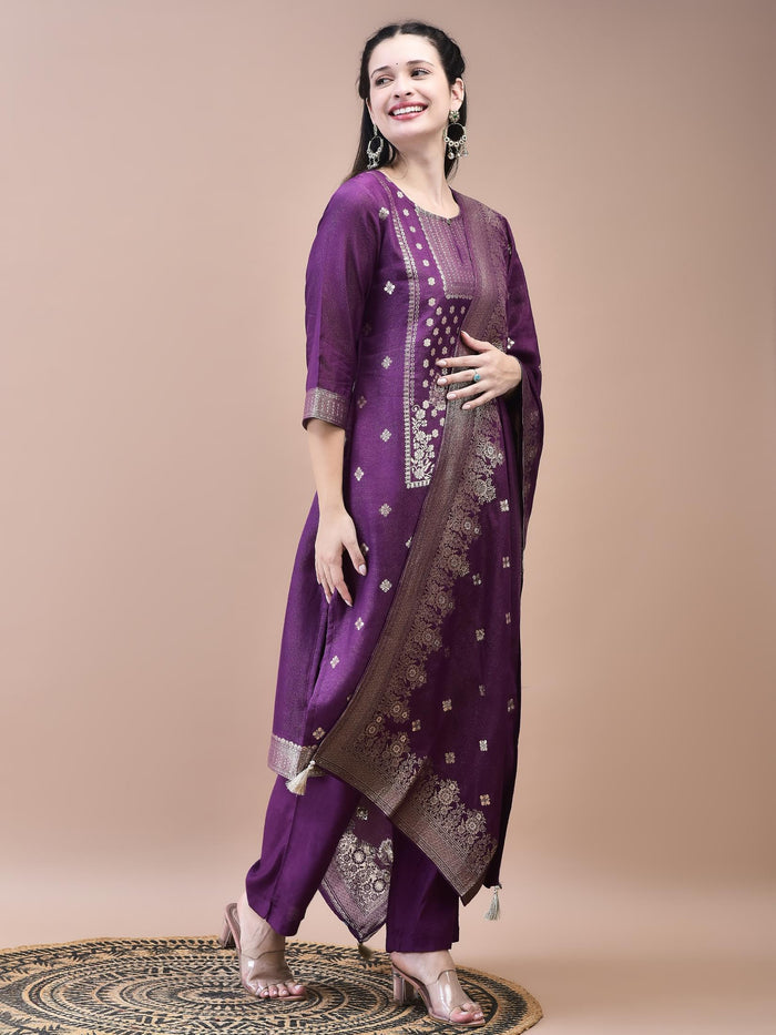 Women Dola Jacquard Purple Woven Kurta Comfort Pant Dupatta.