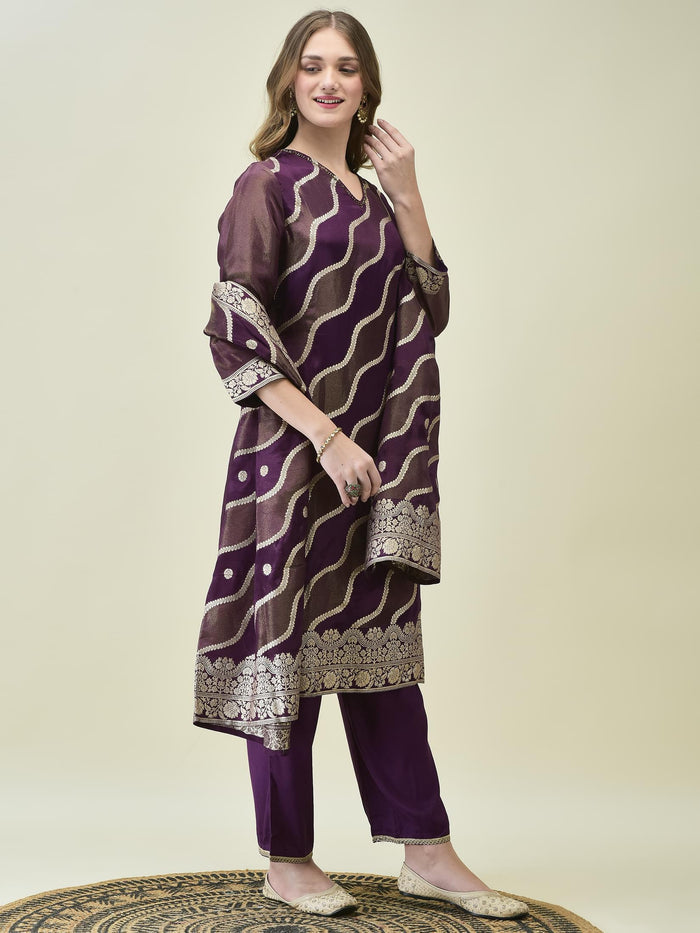 Women Dola Jacquard Purple Woven Kurta Comfort Pant Dupatta.