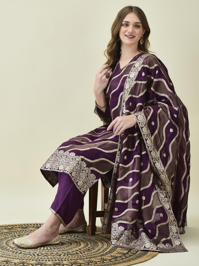 Women Dola Jacquard Purple Woven Kurta Comfort Pant Dupatta.
