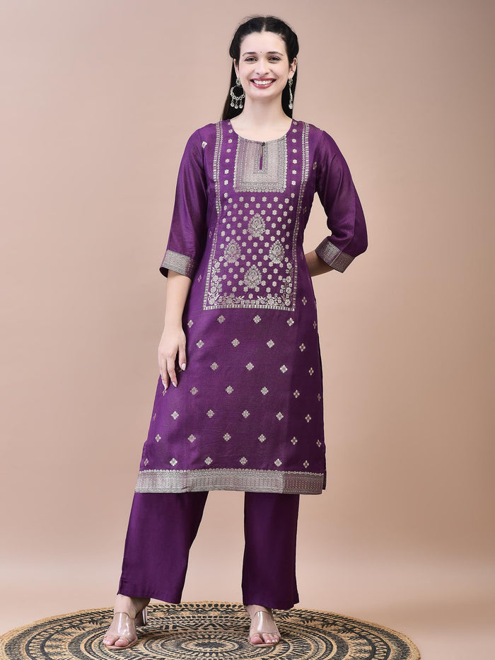 Women Dola Jacquard Purple Woven Kurta Comfort Pant Dupatta.
