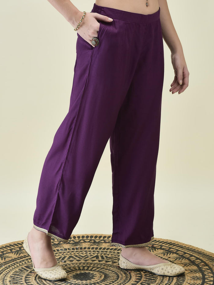 Women Dola Jacquard Purple Woven Kurta Comfort Pant Dupatta.