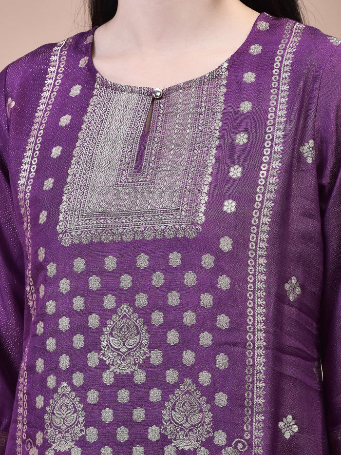 Women Dola Jacquard Purple Woven Kurta Comfort Pant Dupatta.