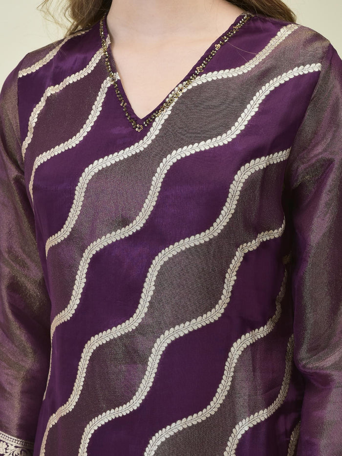 Women Dola Jacquard Purple Woven Kurta Comfort Pant Dupatta.