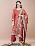 Women Dola Jacquard Red Woven Kurta Comfort Pant Dupatta.