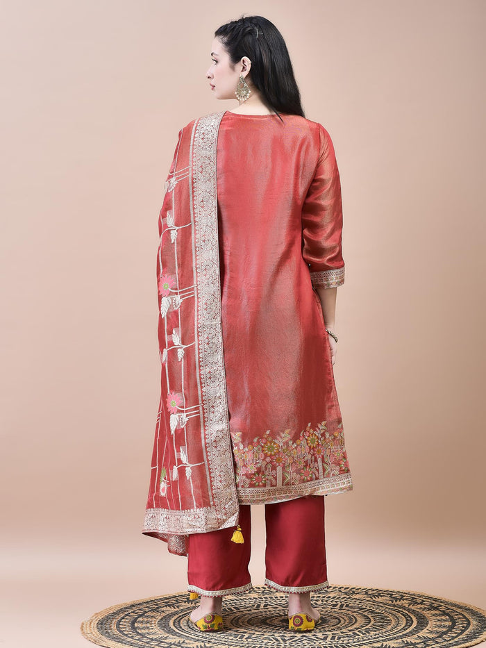 Women Dola Jacquard Red Woven Kurta Comfort Pant Dupatta.
