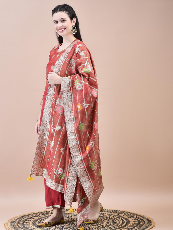 Women Dola Jacquard Red Woven Kurta Comfort Pant Dupatta.
