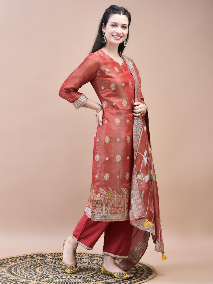 Women Dola Jacquard Red Woven Kurta Comfort Pant Dupatta.