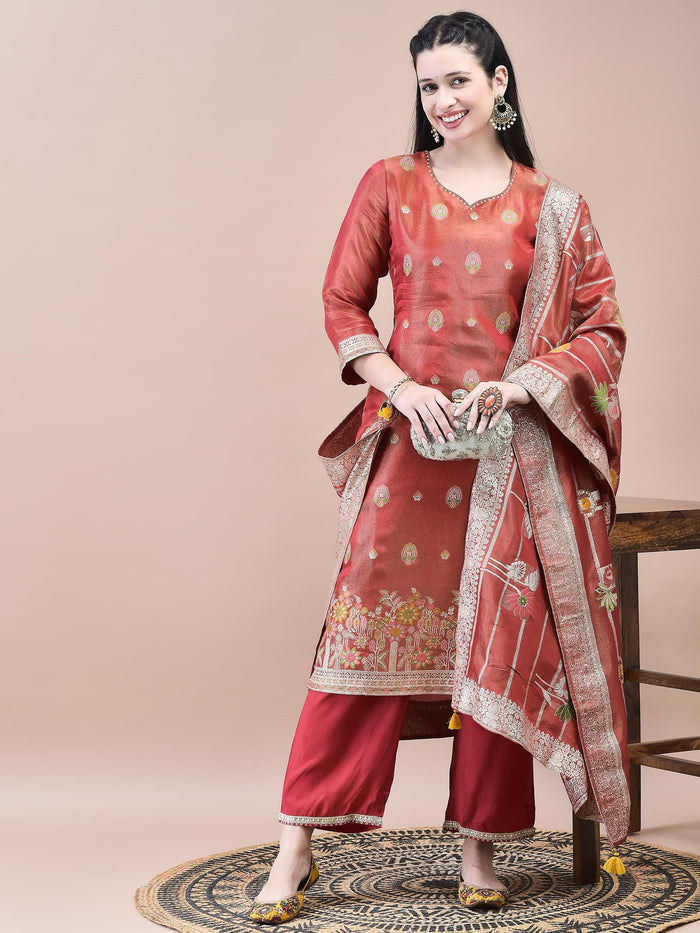 Women Dola Jacquard Red Woven Kurta Comfort Pant Dupatta.