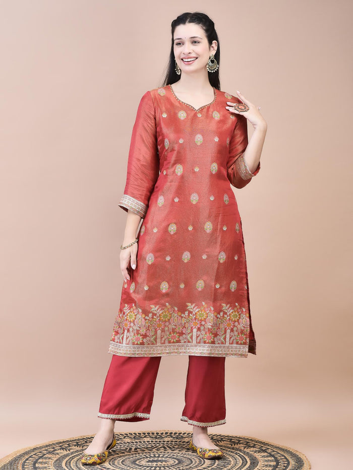 Women Dola Jacquard Red Woven Kurta Comfort Pant Dupatta.