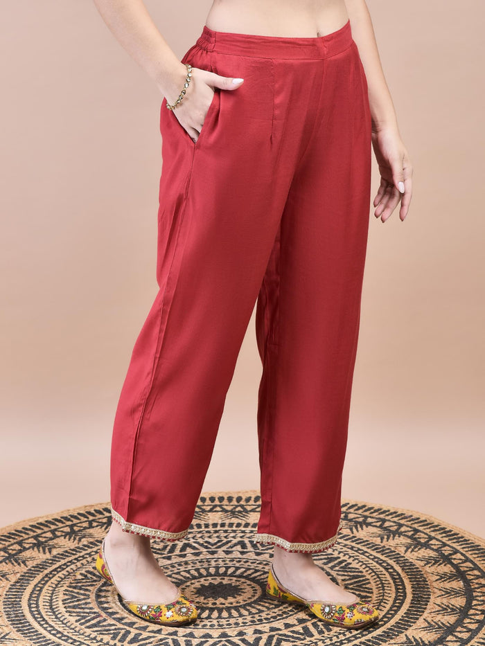Women Dola Jacquard Red Woven Kurta Comfort Pant Dupatta.
