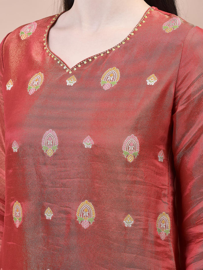 Women Dola Jacquard Red Woven Kurta Comfort Pant Dupatta.
