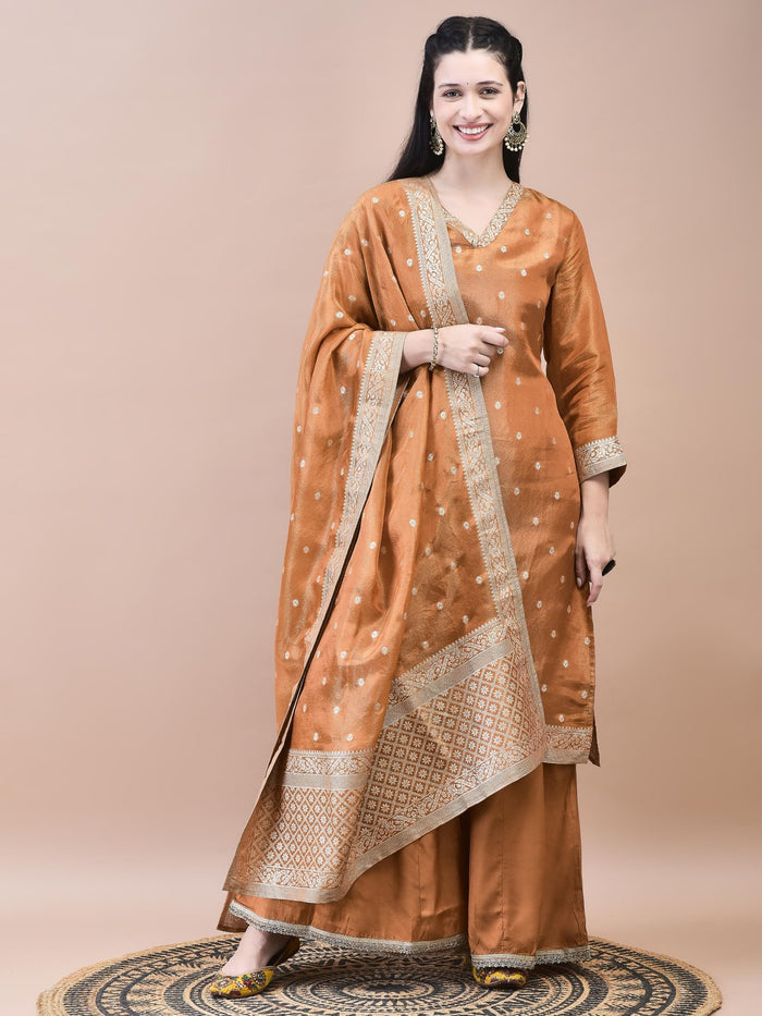 Women Dola Jacquard Rust Solid Kurta Sharara Dupatta.
