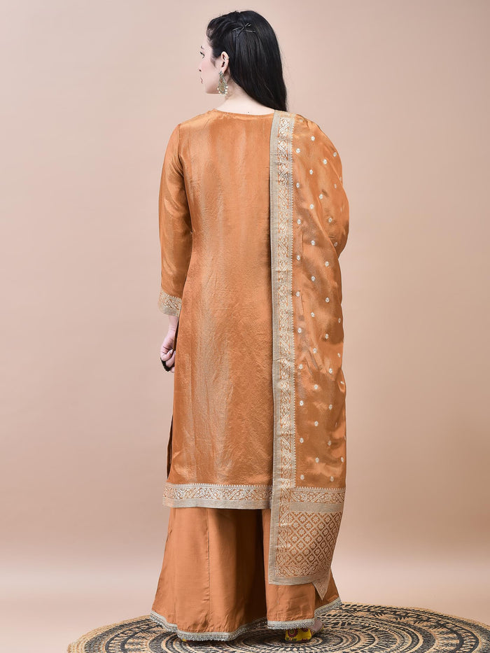 Women Dola Jacquard Rust Solid Kurta Sharara Dupatta.