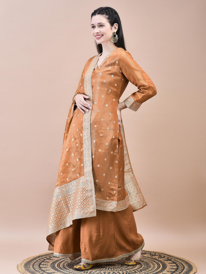 Women Dola Jacquard Rust Solid Kurta Sharara Dupatta.