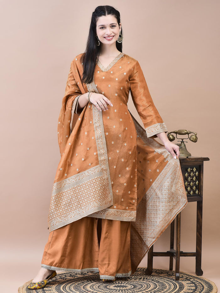 Women Dola Jacquard Rust Solid Kurta Sharara Dupatta.