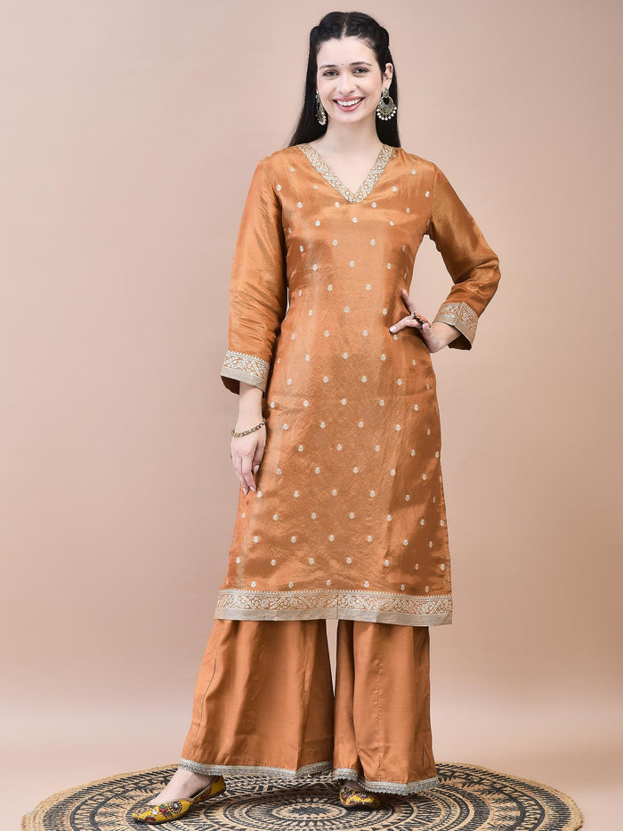 Women Dola Jacquard Rust Solid Kurta Sharara Dupatta.
