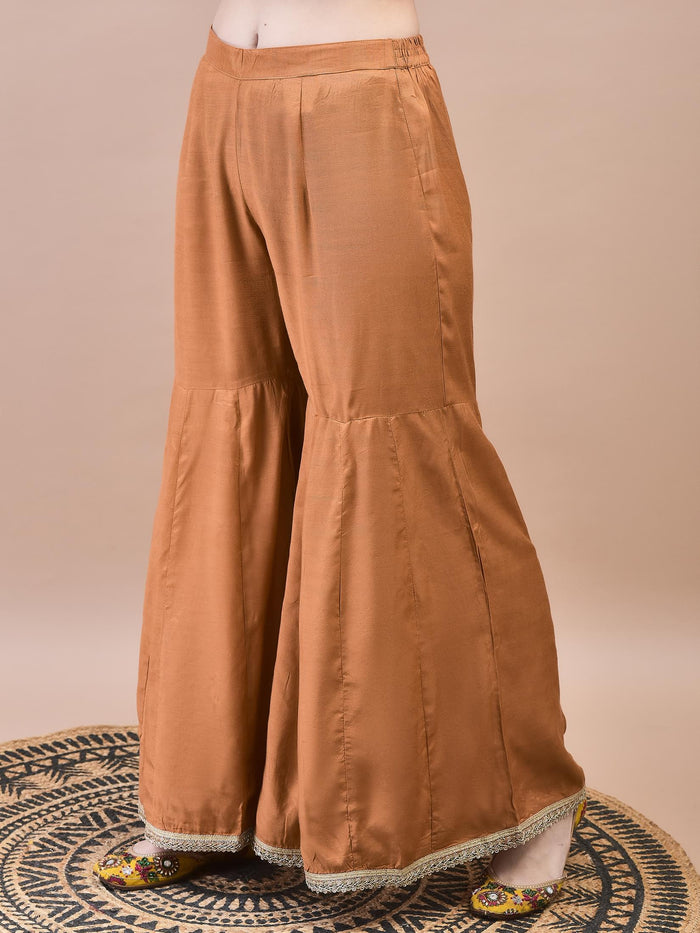 Women Dola Jacquard Rust Solid Kurta Sharara Dupatta.