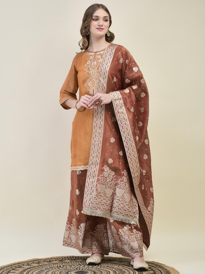 Women Dola Jacquard Rust Woven Kurta Wide Leg Pant Dupatta.