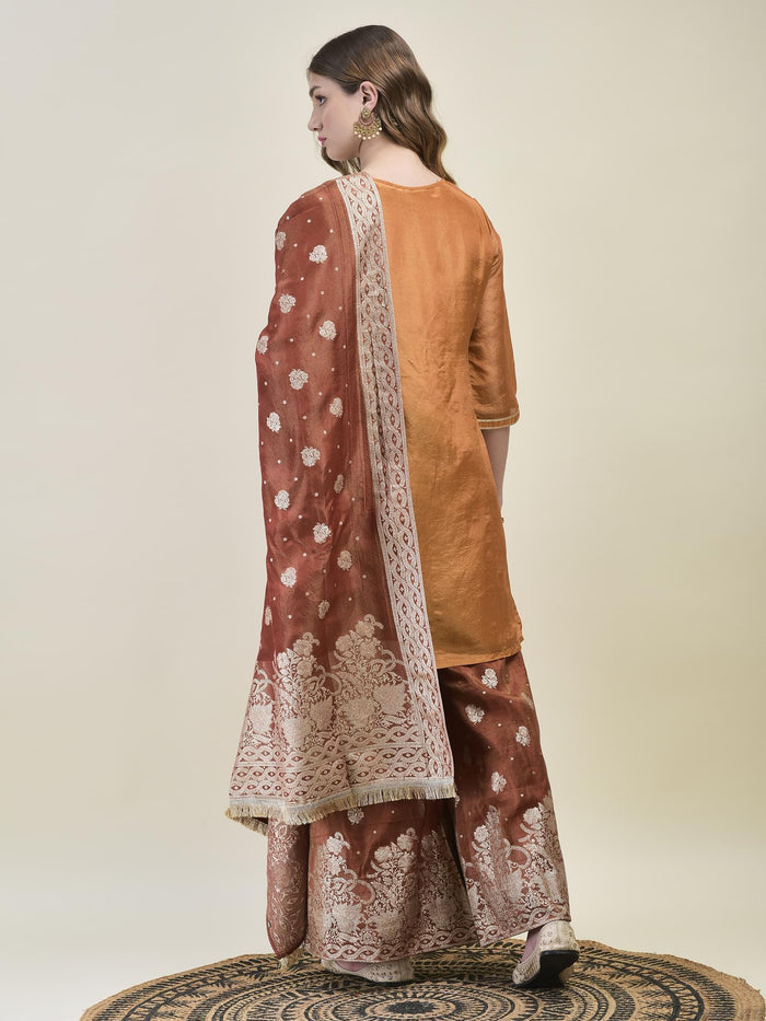 Women Dola Jacquard Rust Woven Kurta Wide Leg Pant Dupatta.